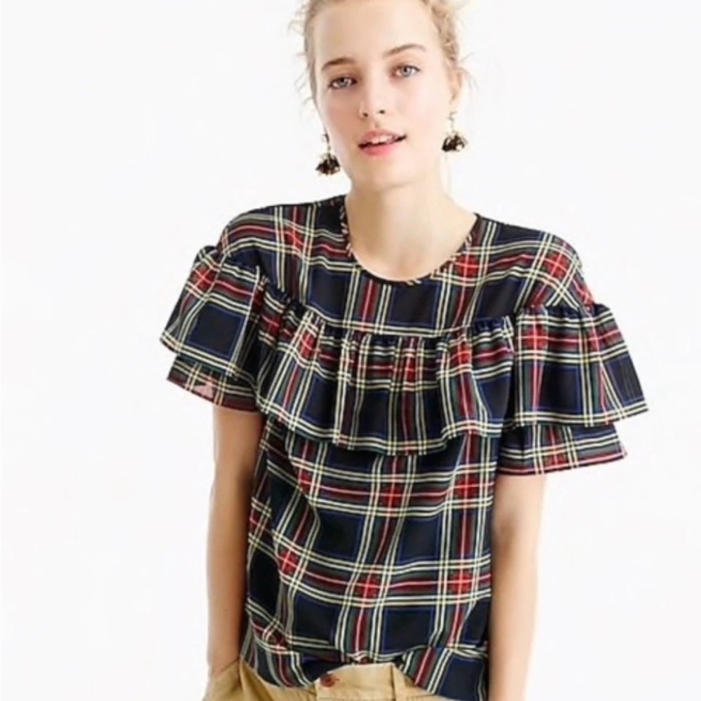J. Crew Edie Top In Stewart Tartan Plaid Bell Sleeve Ruffle Black Red Size 00P